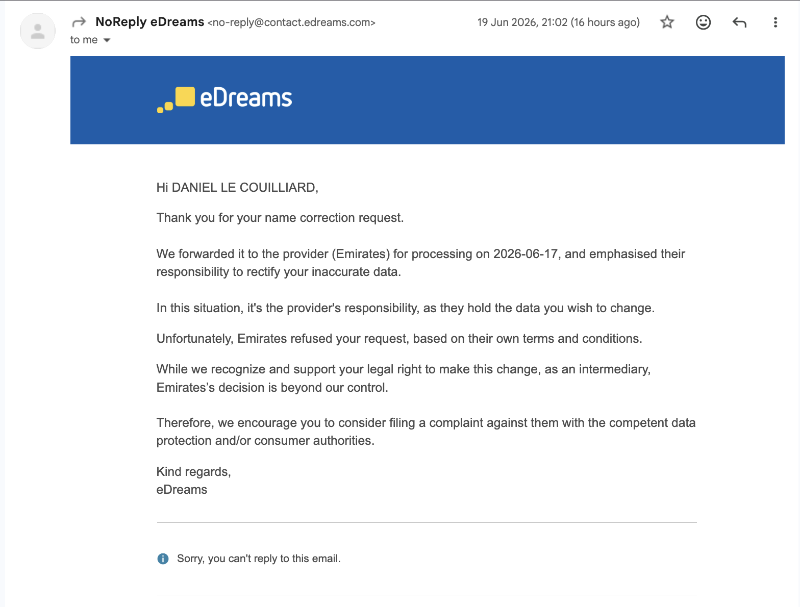 Email from eDreams refusing to help